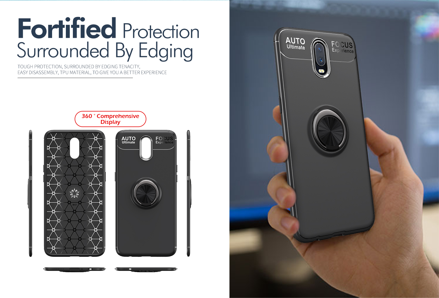 Lenuo Metal Ring Kickstand TPU Case Para OnePlus 6T Folha de Metal Magnético Embutido - Tudo Preto