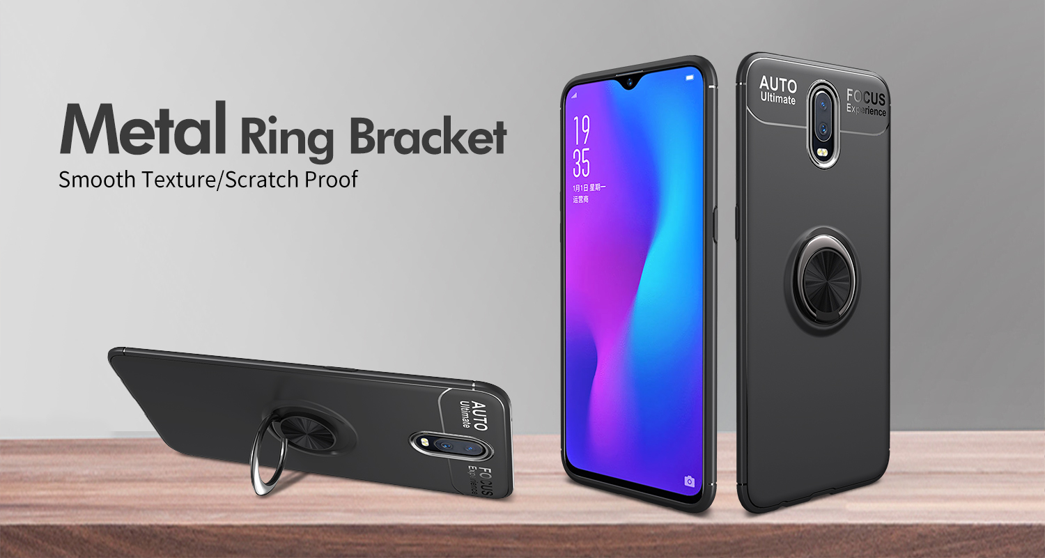 Lenuo Metal Ring Kickstand TPU Case Para OnePlus 6T Folha de Metal Magnético Embutido - Tudo Preto