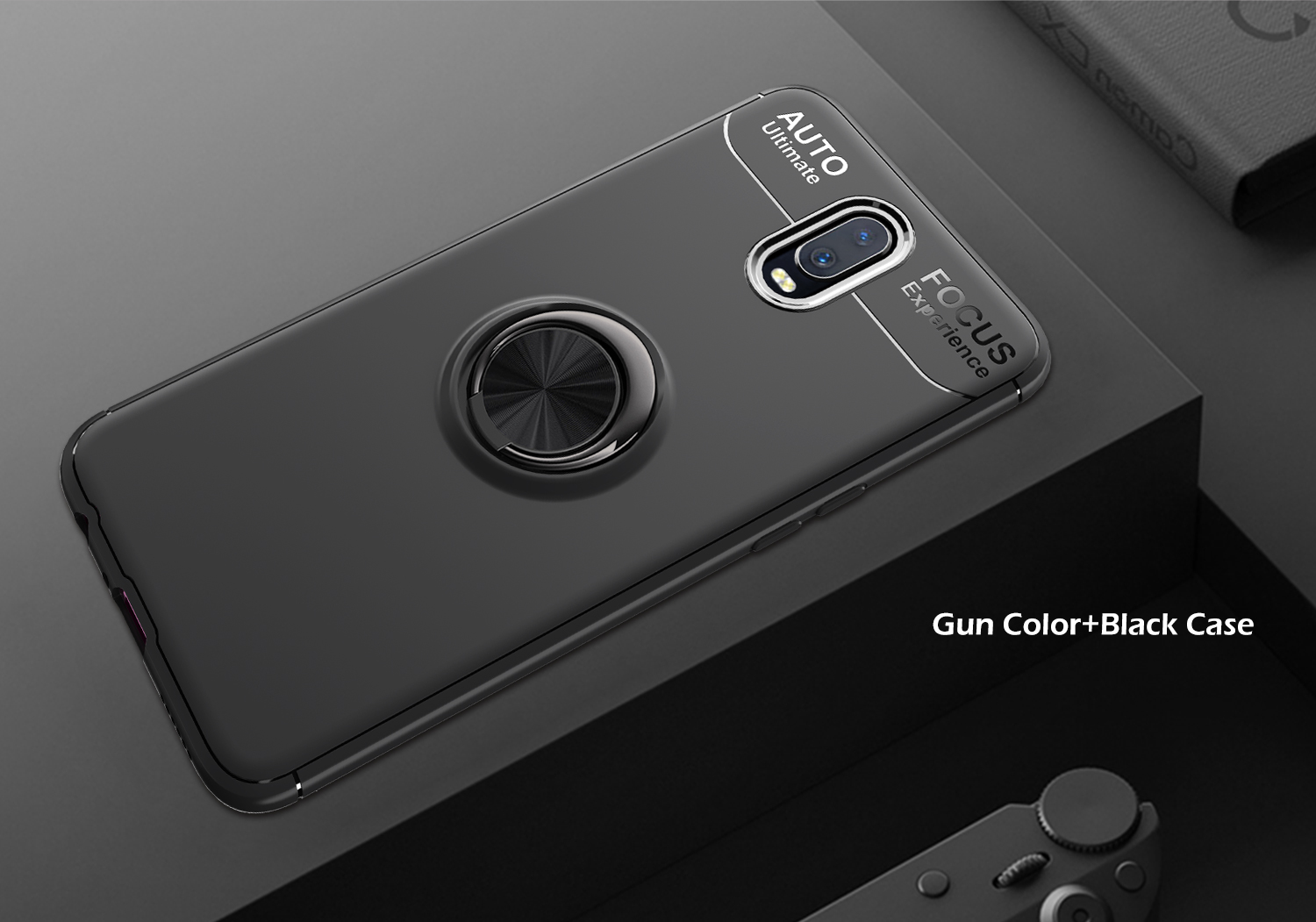 Lenuo Metal Ring Kickstand TPU Case Para OnePlus 6T Folha de Metal Magnético Embutido - Tudo Preto