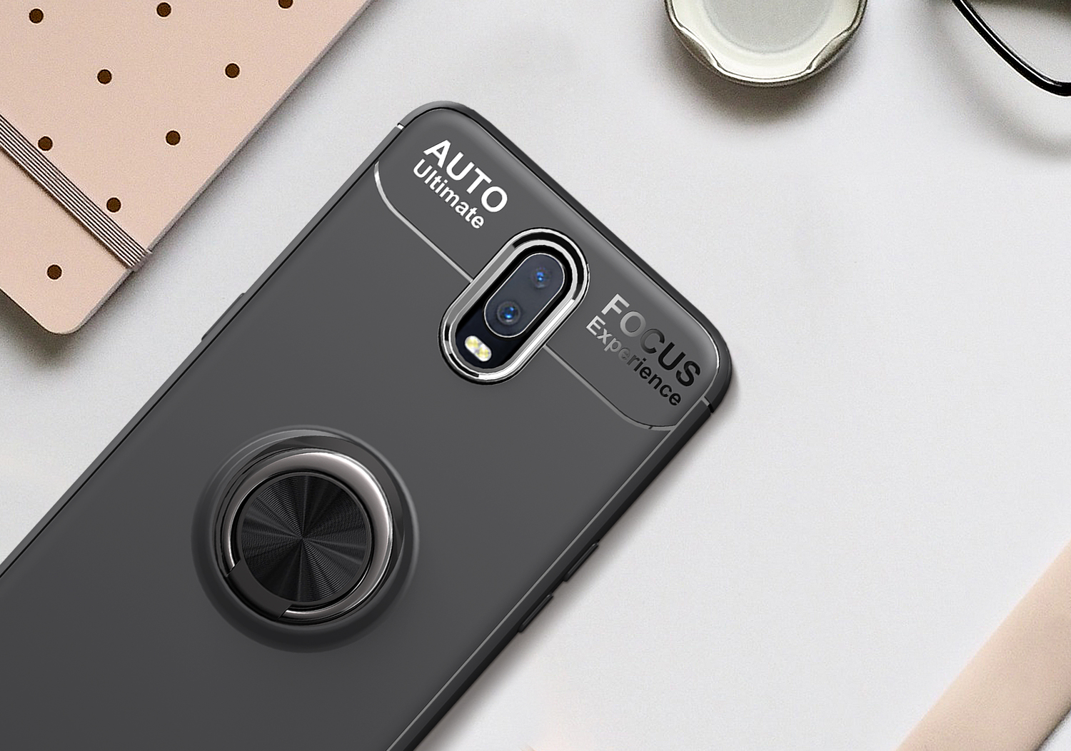 Case TPU de Kickstand de Anillo de Metal Lenuo Para Una Lámina de Metal Magnético Incorporado OnePlus 6T - Todo Negro