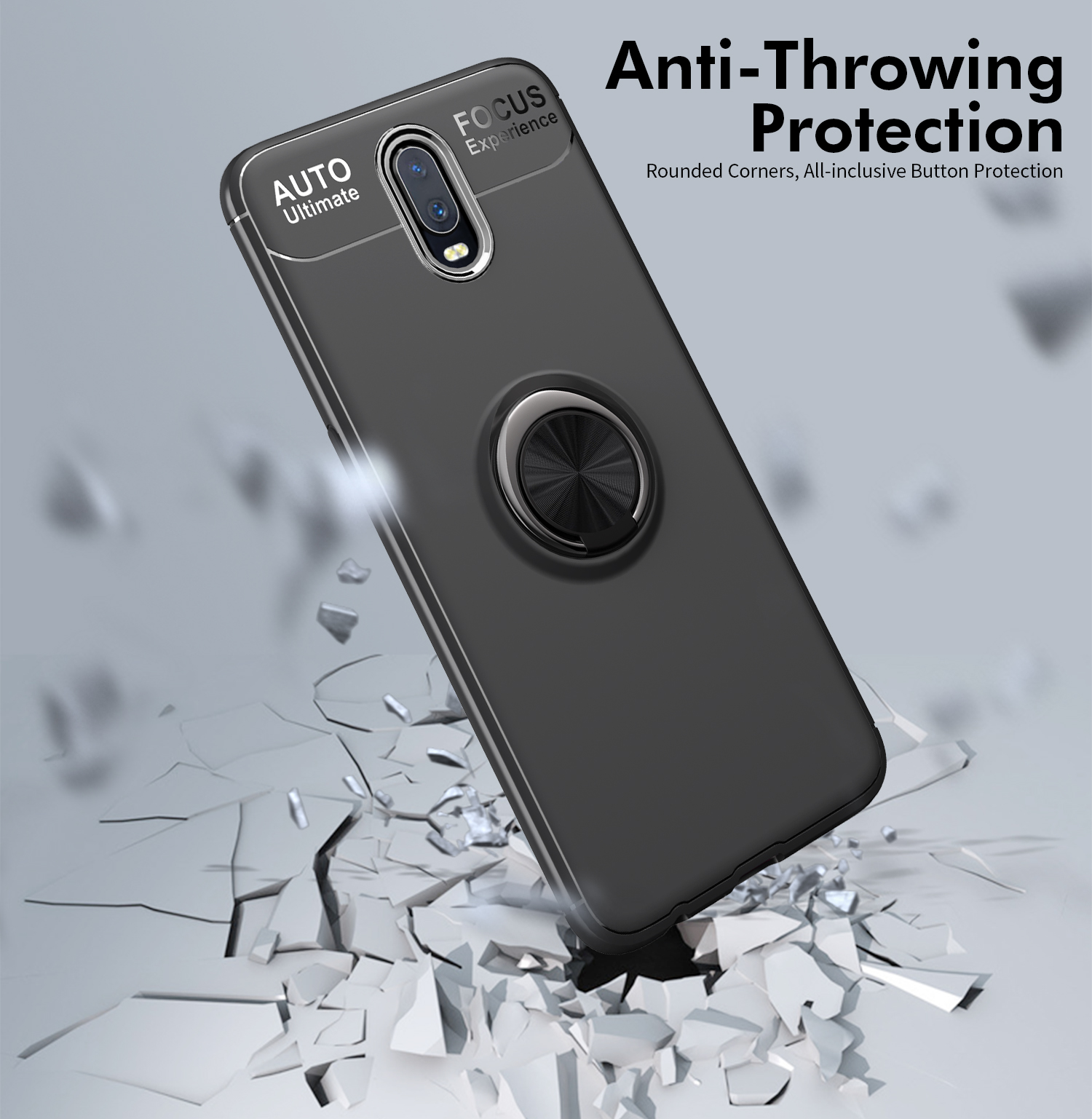 Lenuo Metal Ring Kickstand TPU Case Para OnePlus 6T Folha de Metal Magnético Embutido - Tudo Preto