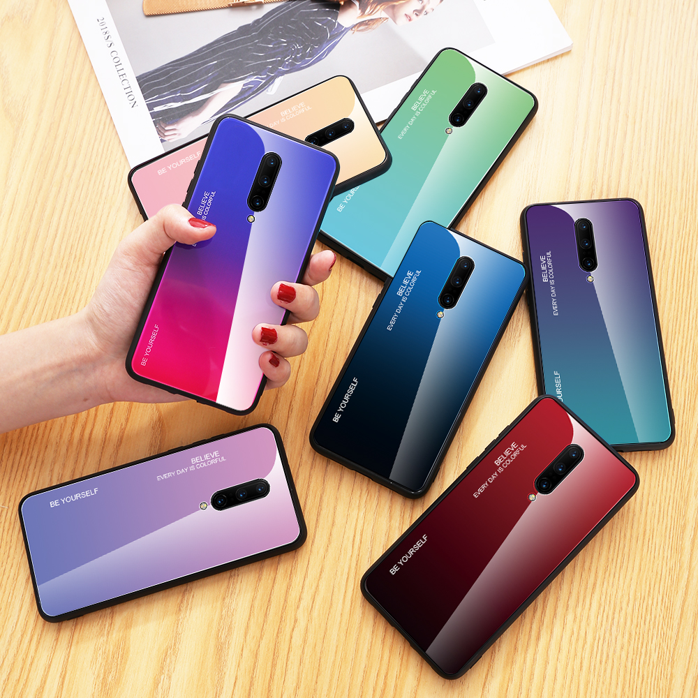 Закаленное Стекло Gradient Color Threaded + PC + TPU Hybrid Case Для OnePlus 7 Pro - Золото / Розовый