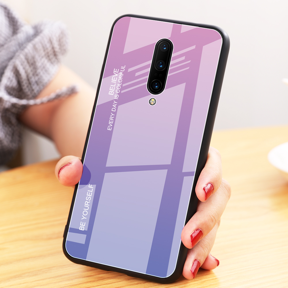 Закаленное Стекло Gradient Color Threaded + PC + TPU Hybrid Case Для OnePlus 7 Pro - Золото / Розовый