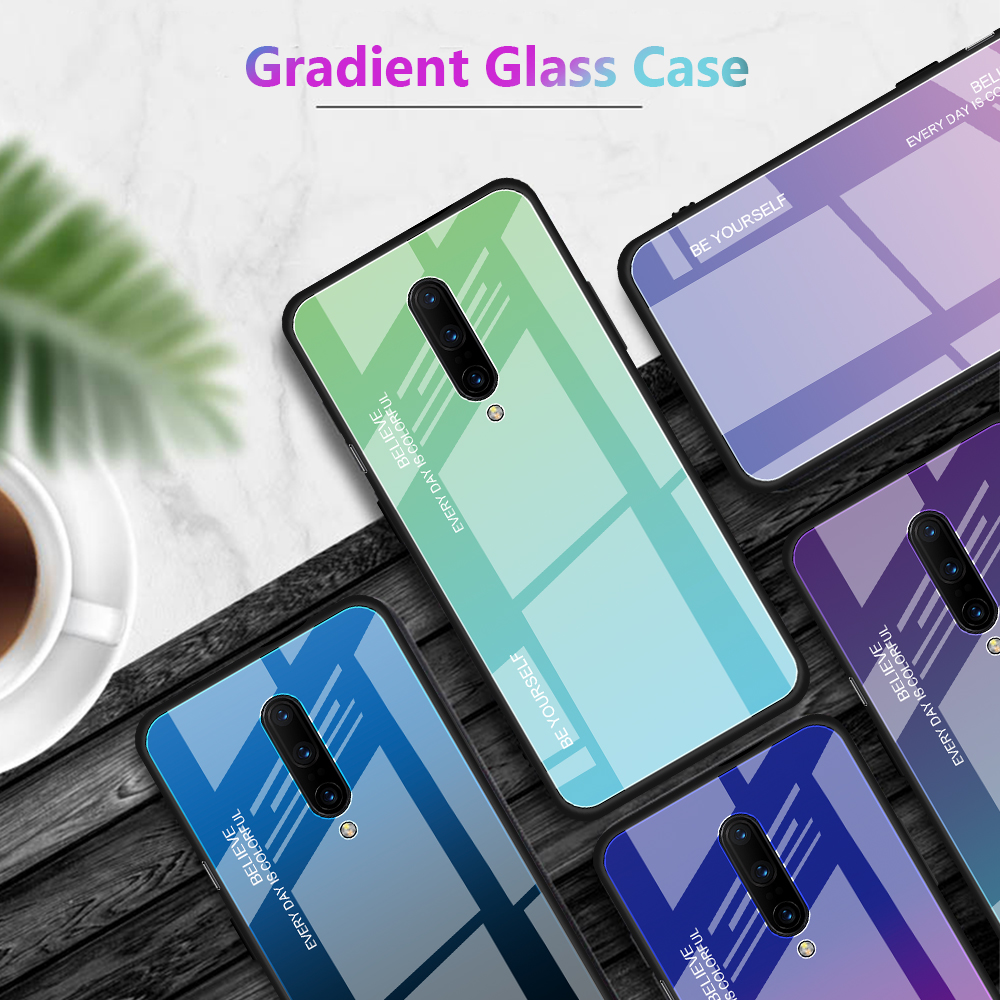 Закаленное Стекло Gradient Color Threaded + PC + TPU Hybrid Case Для OnePlus 7 Pro - Золото / Розовый