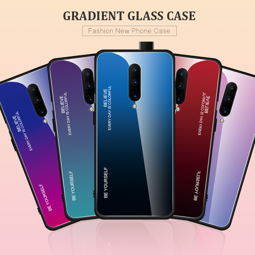 Anti-FingerPrint Degradient Color Tempered Glass + PC + TPU Hybrid Funda Para OnePlus 7 Pro - Oro / Rosa