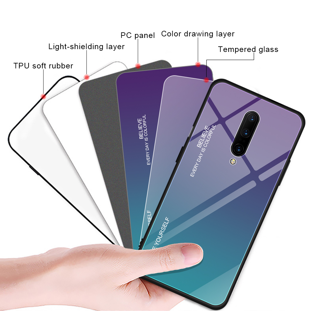 Anti-FingerPrint Degradient Color Tempered Glass + PC + TPU Hybrid Funda Para OnePlus 7 Pro - Oro / Rosa