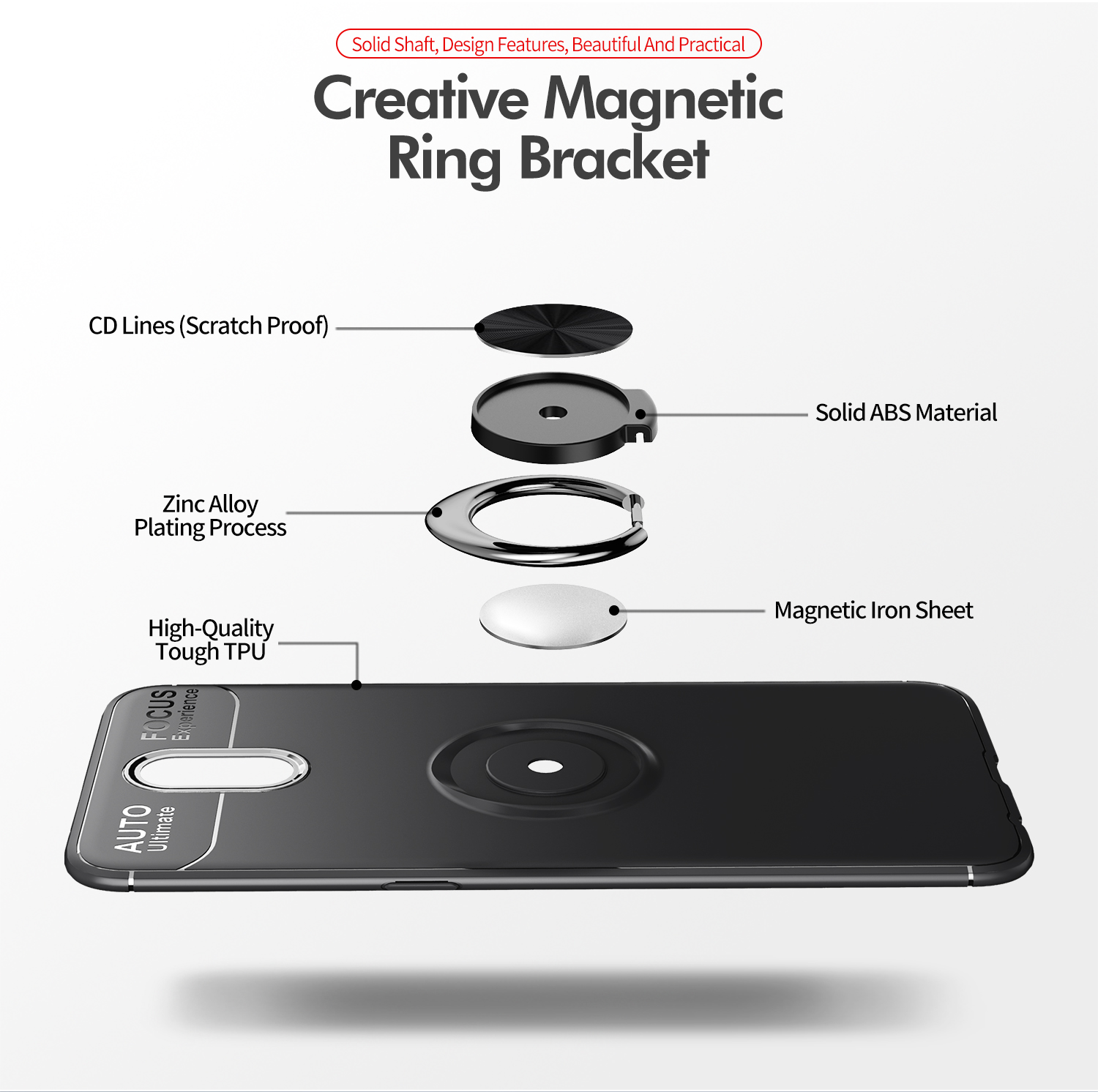 Lenuo Metal Ring Kickstand TPU Case Para OnePlus 7 Folha de Metal Magnético Embutido - Tudo Preto