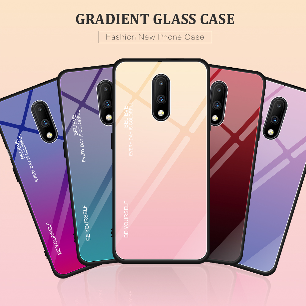 Gradiente Color Glass + TPU Hybrid Case Para OnePlus 7 - Ouro / Rosa