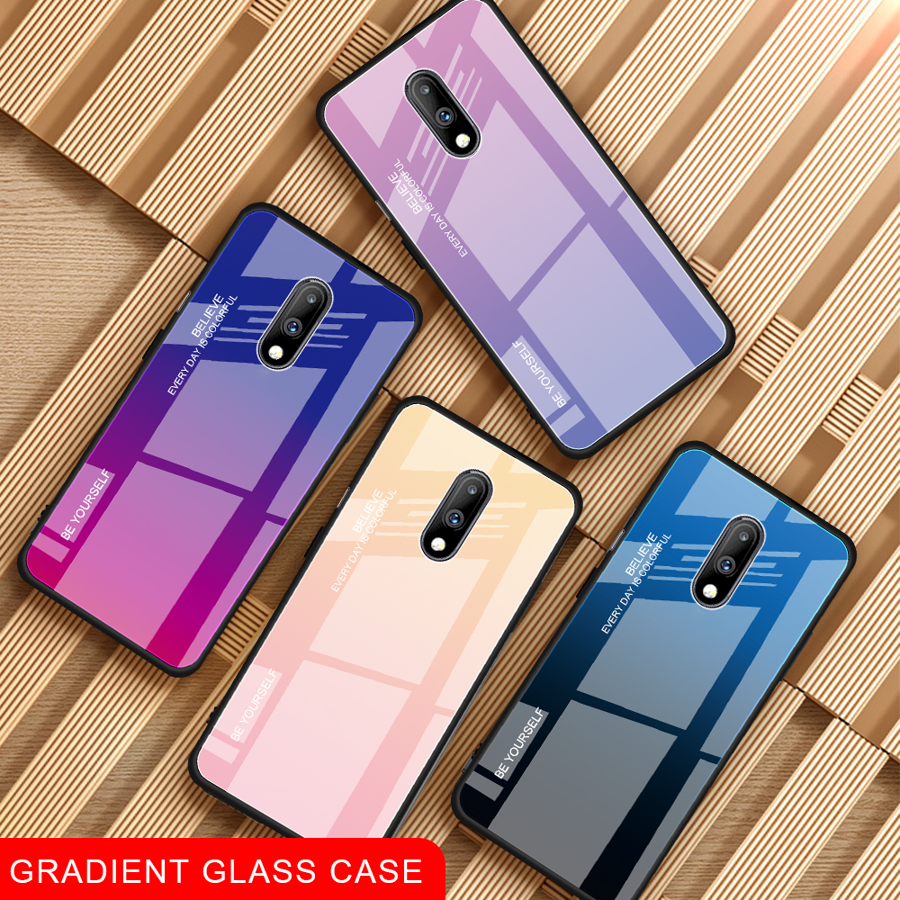 Gradiente de Vidrio de Color + Caja Híbrida TPU Para OnePlus 7 - Oro / Rosado