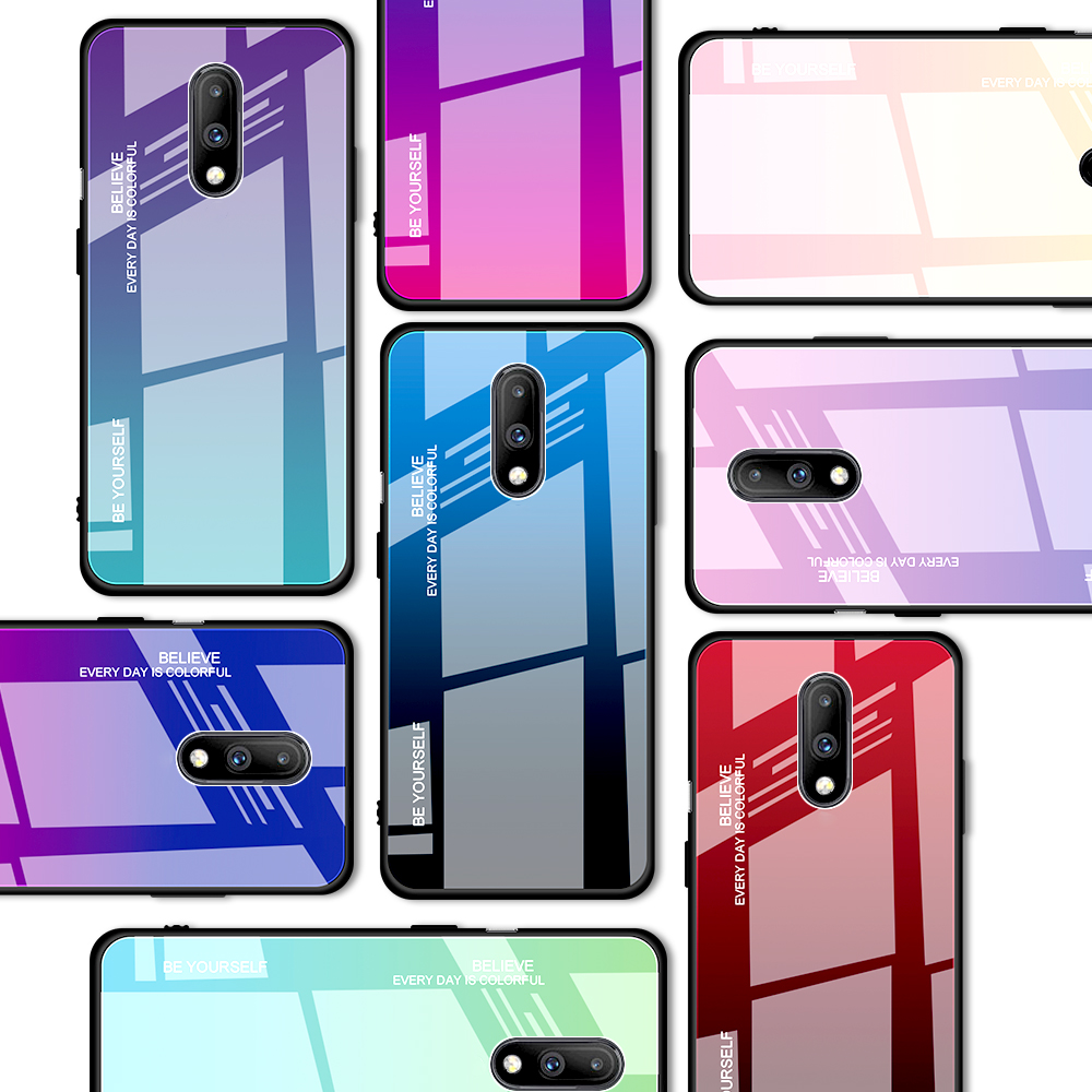 Gradiente Color Glass + TPU Hybrid Case Para OnePlus 7 - Ouro / Rosa