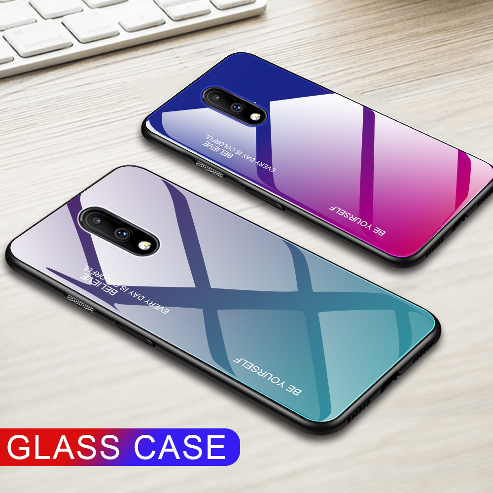 Gradiente Color Glass + TPU Hybrid Case Para OnePlus 7 - Ouro / Rosa