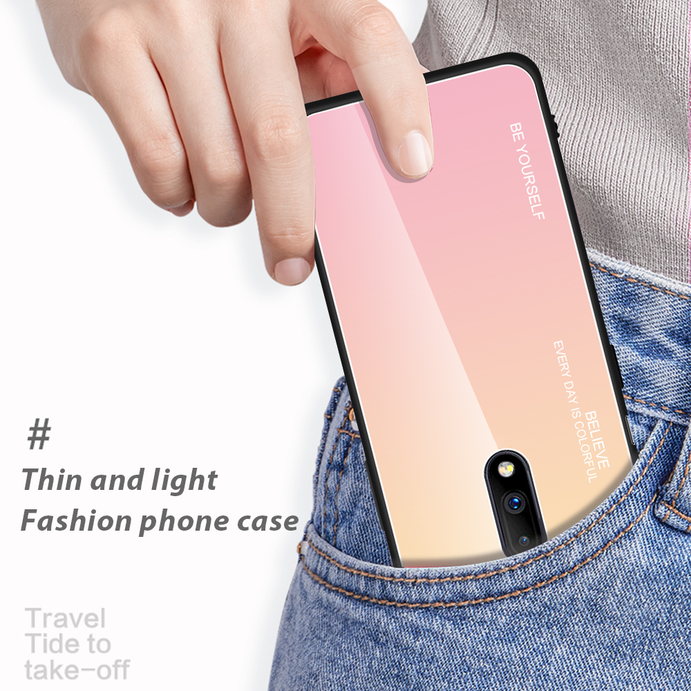 Gradiente de Vidrio de Color + Caja Híbrida TPU Para OnePlus 7 - Oro / Rosado