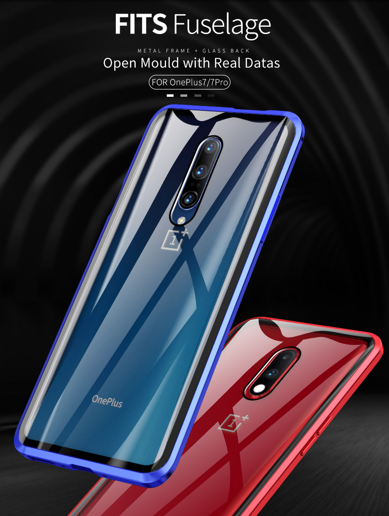 Proteção de 360 ​​graus de Metal Magnético+tampa de Telefone de Vidro Temperado Para OnePlus 7 Pro - Preto