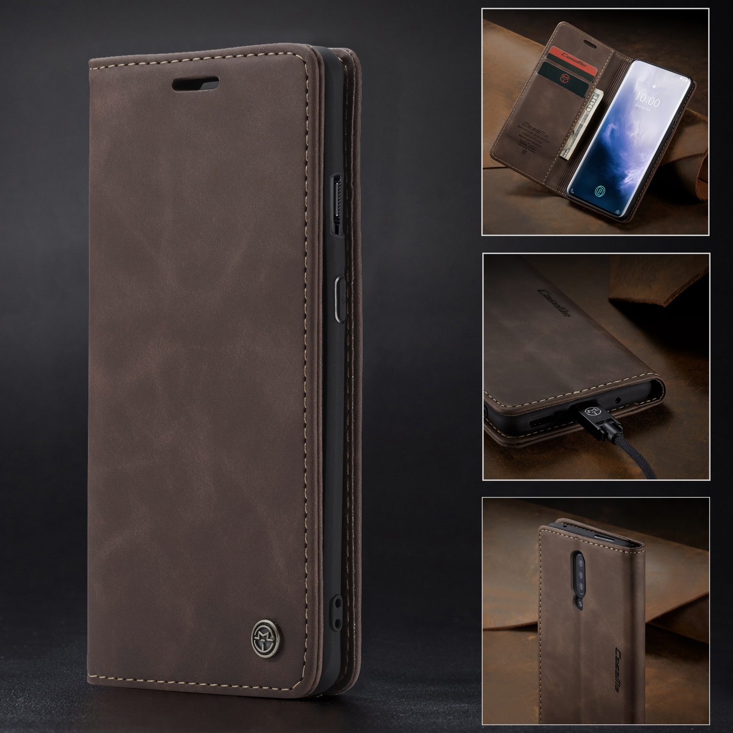 Caseme 013-Serie Für OnePlus 7 Pro Auto-absorbierte Wallet-Stand-PU-Leder-Telefonabdeckung - Schwarz