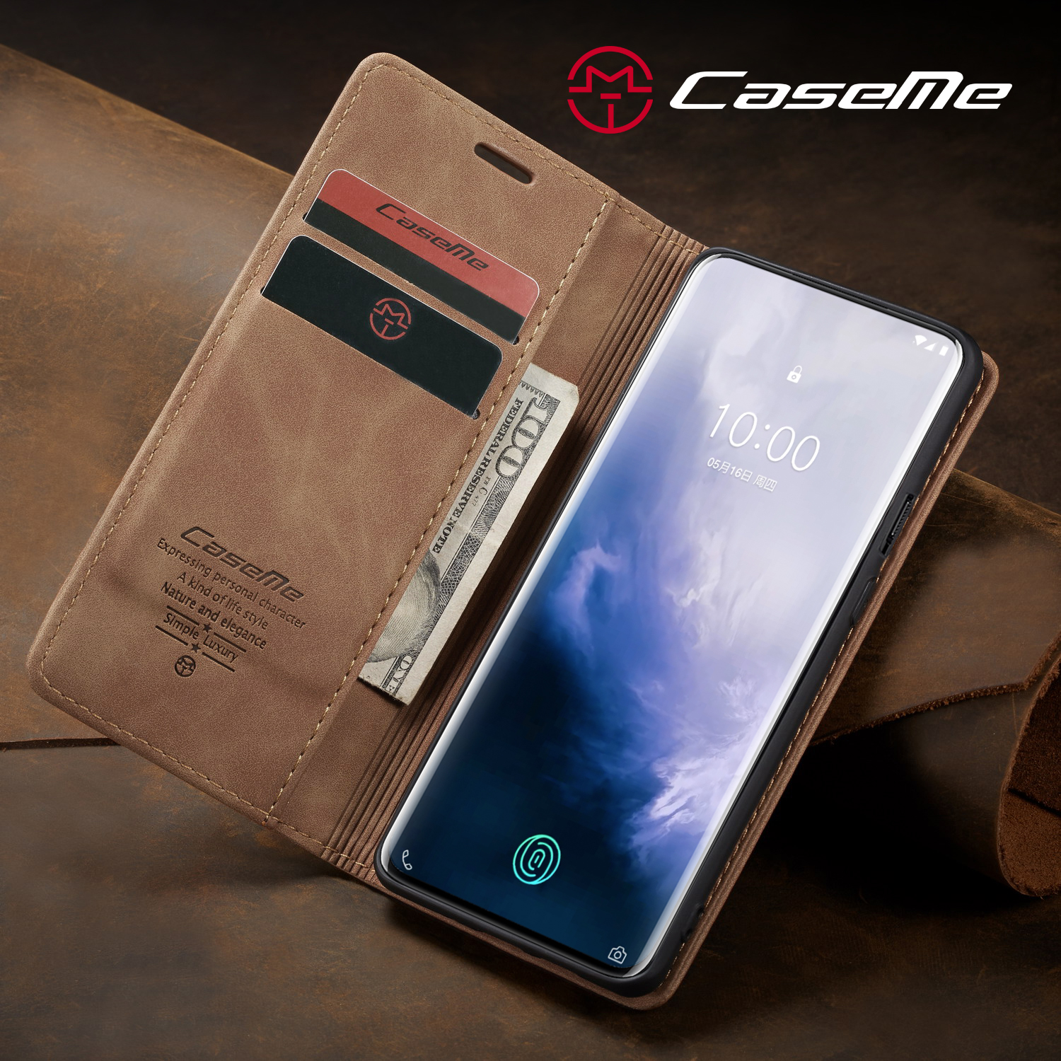 Caseme 013 Series Para OnePlus 7 Pro Auto-absorvido Carteira Stand PU Couro Capa De Telefone - Preto