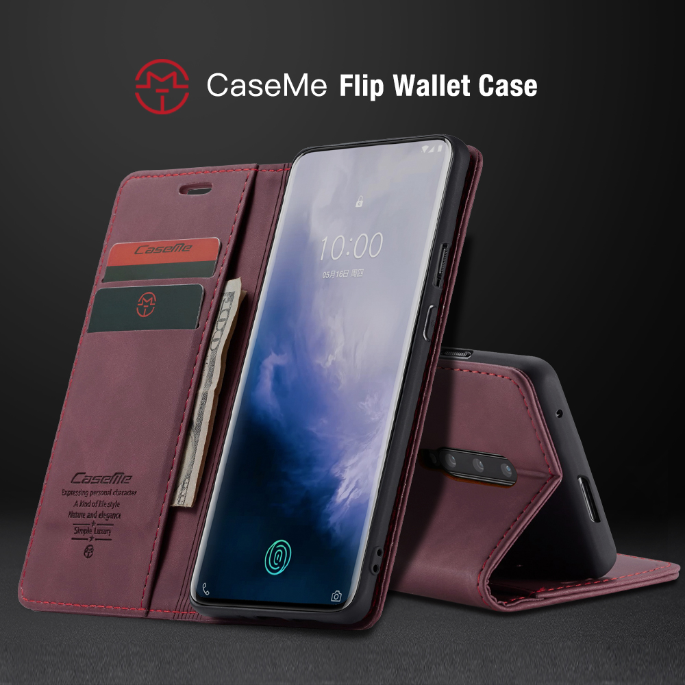 Caseme 013 Series Para OnePlus 7 Pro Auto-absorvido Carteira Stand PU Couro Capa De Telefone - Preto