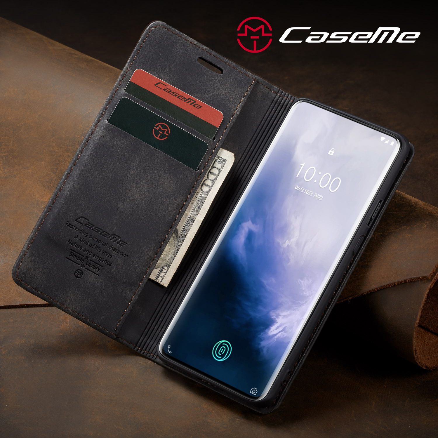 Caseme 013-Serie Für OnePlus 7 Pro Auto-absorbierte Wallet-Stand-PU-Leder-Telefonabdeckung - Schwarz