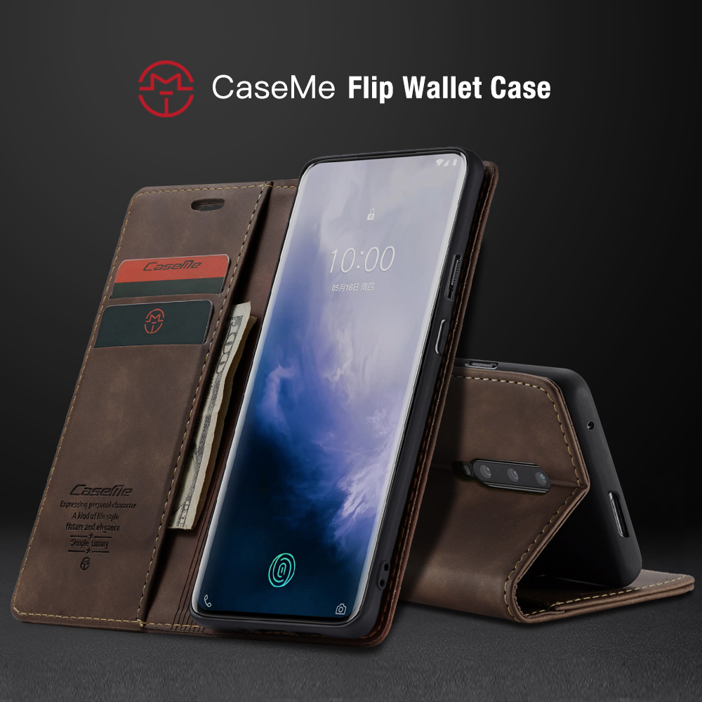 Caseme 013 Series Para OnePlus 7 Pro Auto-absorvido Carteira Stand PU Couro Capa De Telefone - Preto