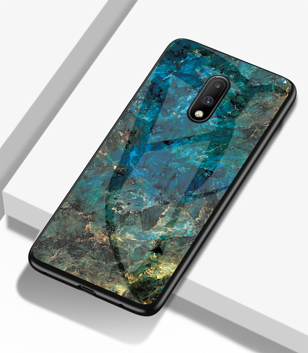 Marmortextur Temperiertes Glas + PC + TPU Hybrid -hülle Für OnePlus 7 - Smaragd