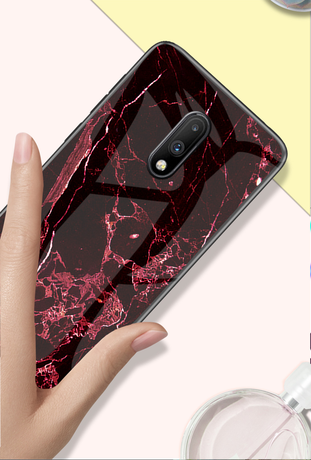 Textura de Mármore Vidro Temperado + pc + Tpu Estojo Híbrido Para OnePlus 7 - Esmeralda