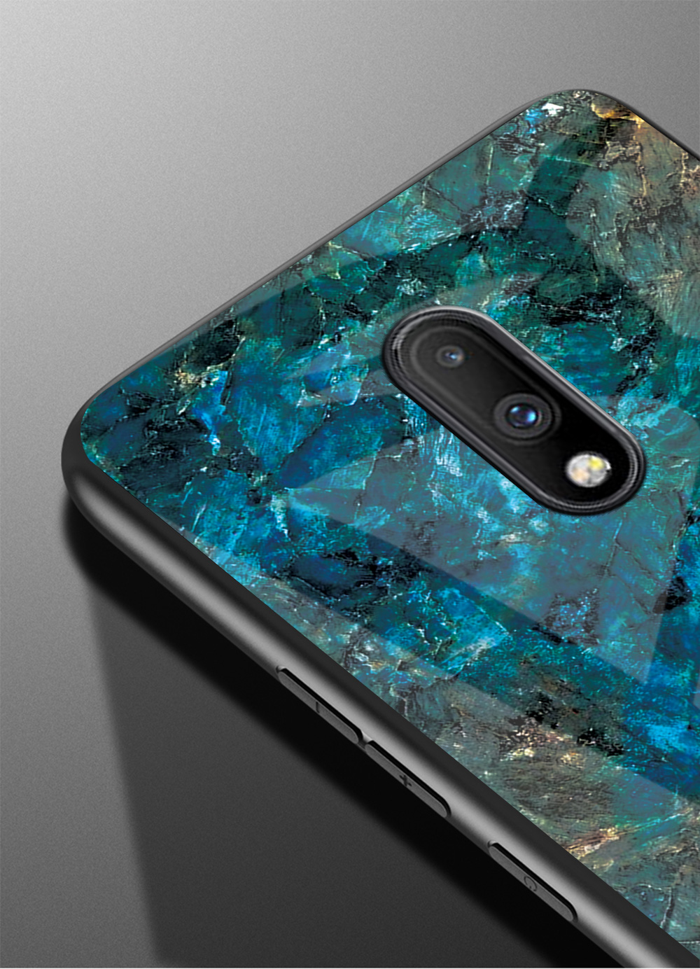 Textura de Mármore Vidro Temperado + pc + Tpu Estojo Híbrido Para OnePlus 7 - Esmeralda