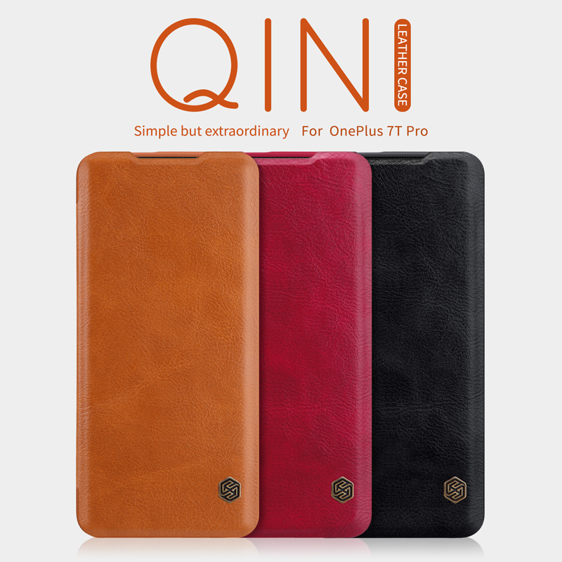 Varera de Cuero de la Serie Nillkin Qin Con Estuche de Teléfono de Ranura Para Tarjetas Para OnePlus 7T Pro - Marrón