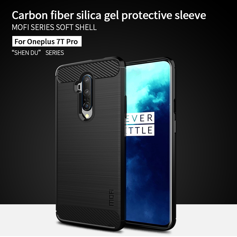 Textura de Fibra de Carbono Mofi Capa Traseira de TPU Para OnePlus 7T Pro - Preto