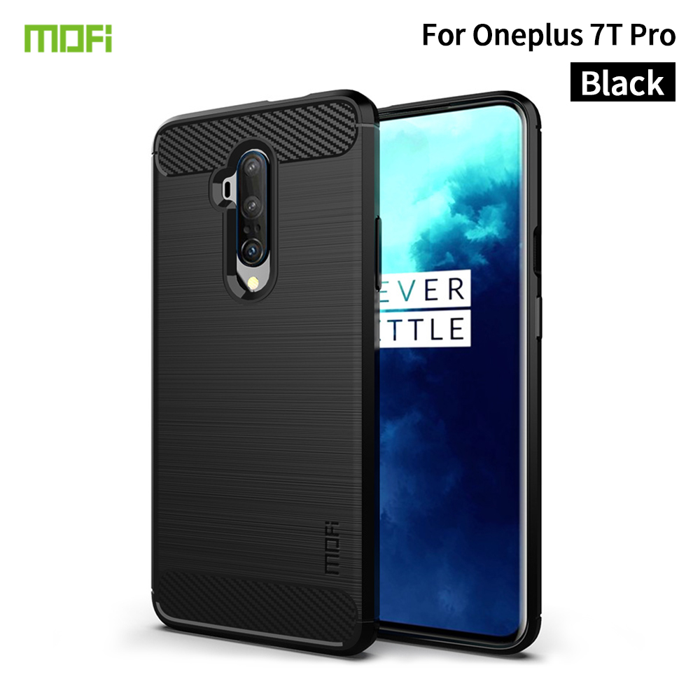 MOFI Texture en Fibre de Carbone Case de Dos TPU Brossé Pour OnePlus 7T Pro - le Noir