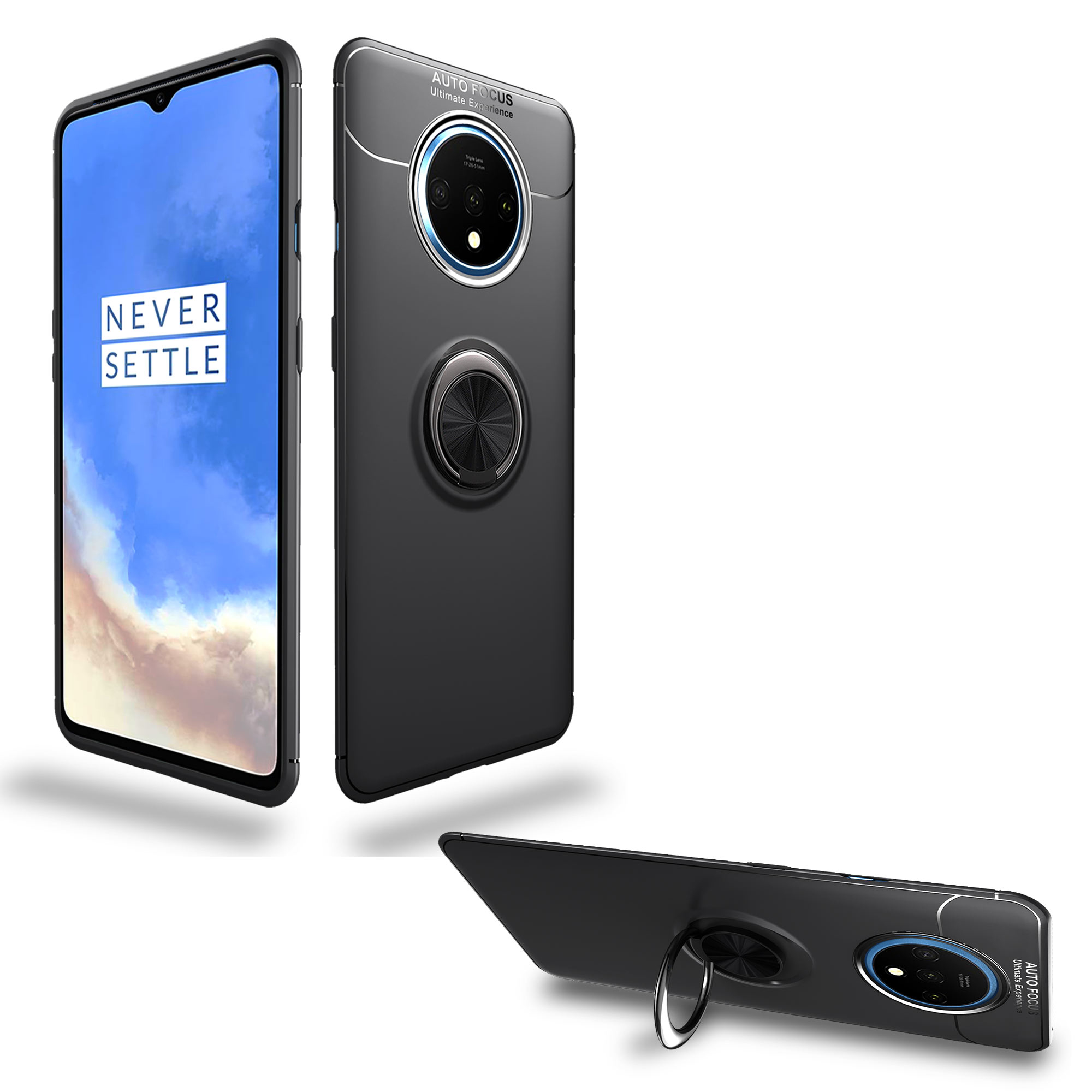 Lenuo Metal Ring Kickstand TPU Capa Case Para OnePlus 7T Folha de Metal Magnético Embutido - Tudo Preto