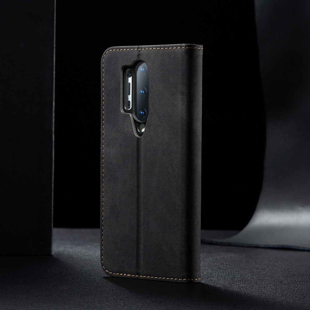 Jeans de Style Vintage Portefeuille de Texture en Tissu Flip en Cuir Pour Oneplus 8 Pro - le Noir