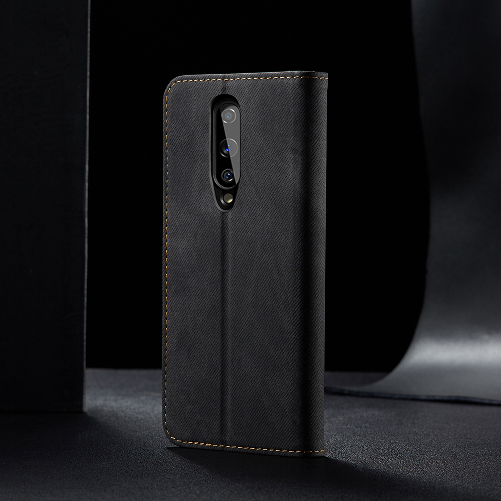 Vintage Estilo Jeans Tela Textura Textura Billetera Flip Cuero Caja Del Teléfono Para OnePlus 8 - Negro