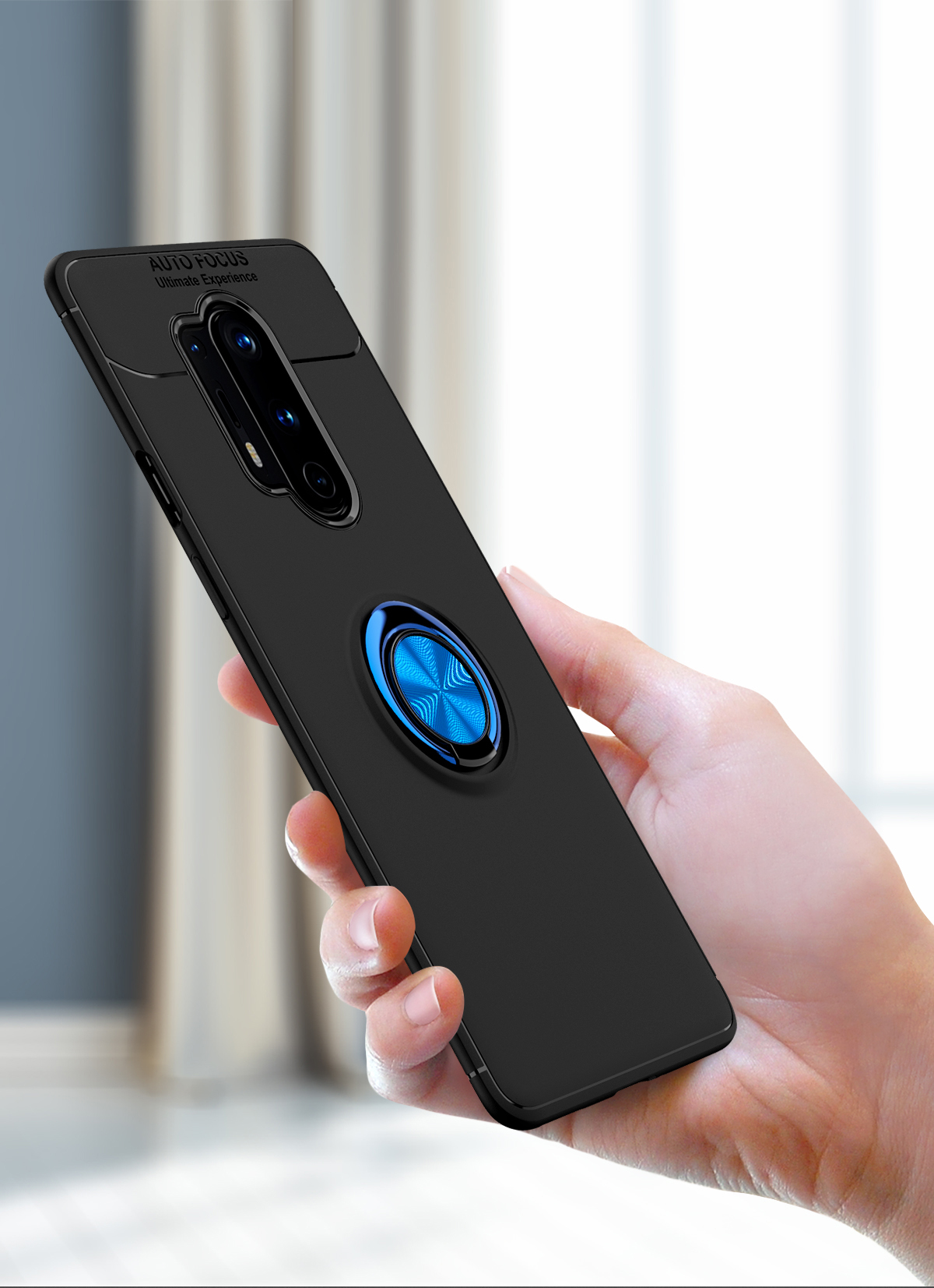 Lenuo Metal Ring Kickstand TPU Tampa Com Casca de Folha Magnética Para OnePlus 8 Pro - Preto / Azul