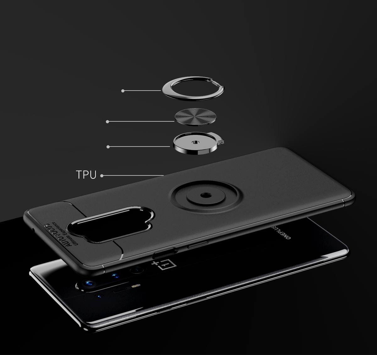 Lenuo Metal Ring Kickstand TPU Tampa Com Casca de Folha Magnética Para OnePlus 8 Pro - Preto / Azul