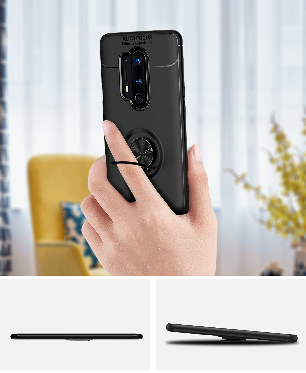 Lenuo Metal Ring Kickstand TPU Tampa Com Casca de Folha Magnética Para OnePlus 8 Pro - Preto / Azul