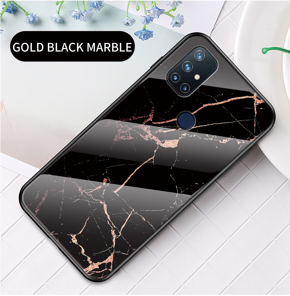 Per OnePlus Nord N10 5G Modello in Marmo Copertura TPU Morbida TPU Glass Temperato + PC Back Impact Telefono Custodia - Marmo Nero