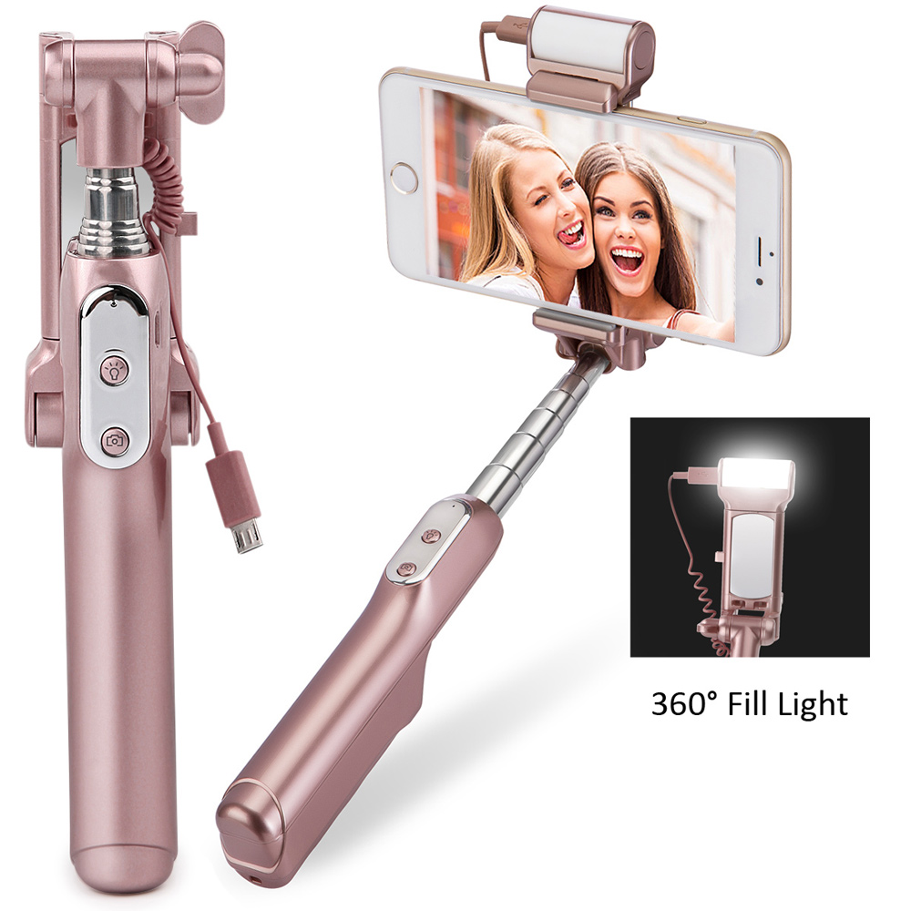Bluetooth Selfie Stick with 360¡ã LED Fill Light and Rearview Mirror - Rose Gold Color-1