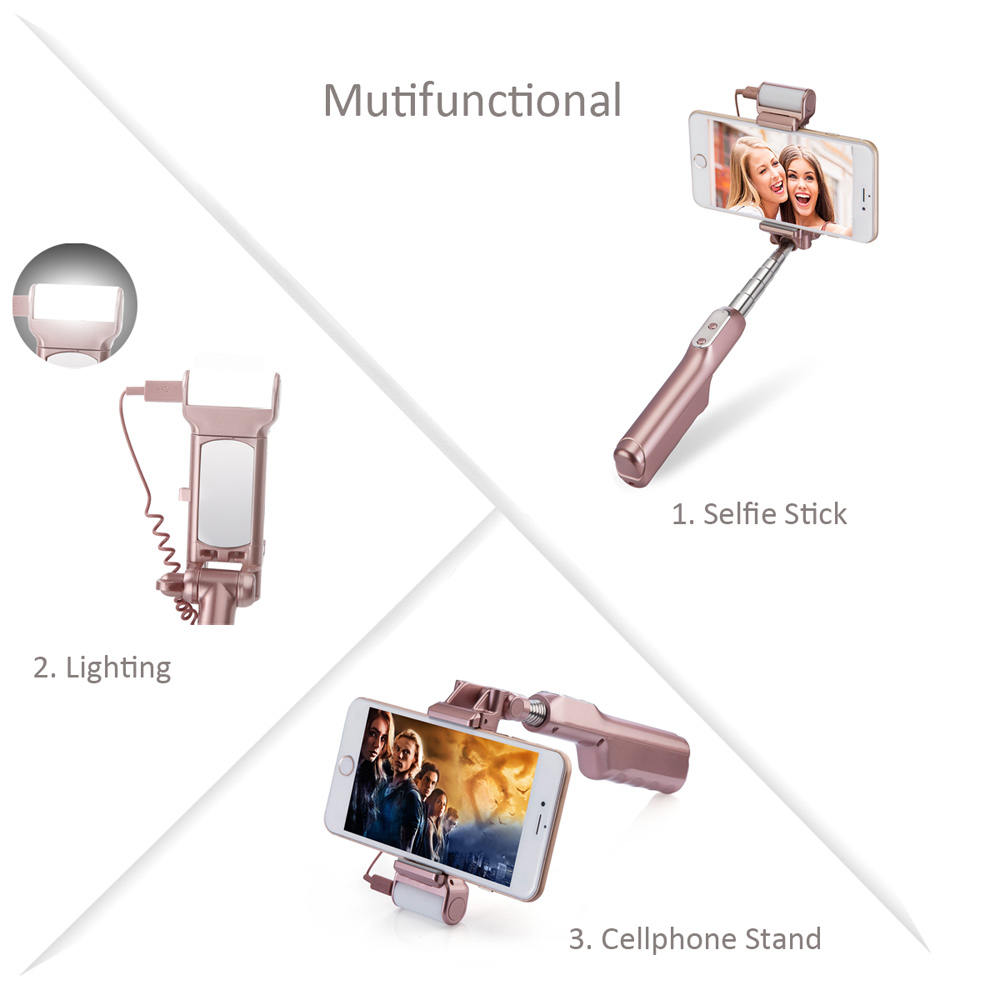 Bluetooth Selfie Stick with 360¡ã LED Fill Light and Rearview Mirror - Rose Gold Color-13