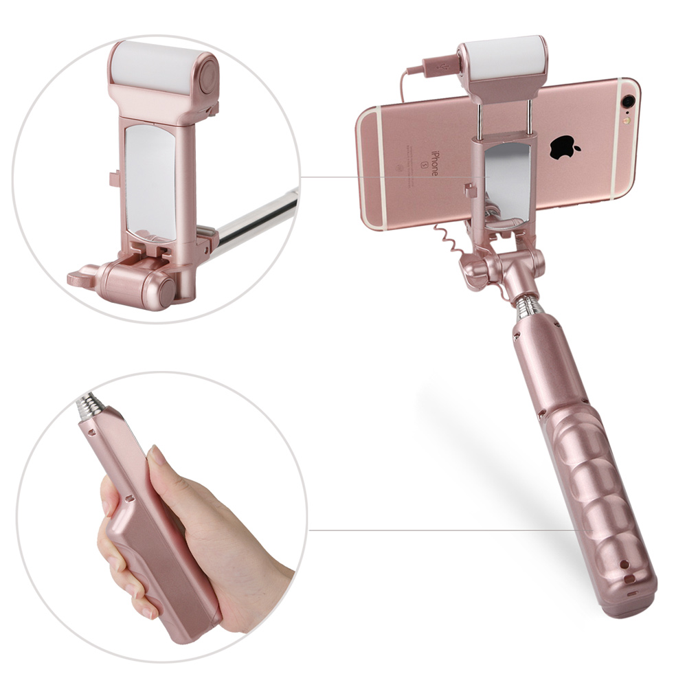 Bluetooth Selfie Stick with 360¡ã LED Fill Light and Rearview Mirror - Rose Gold Color-2