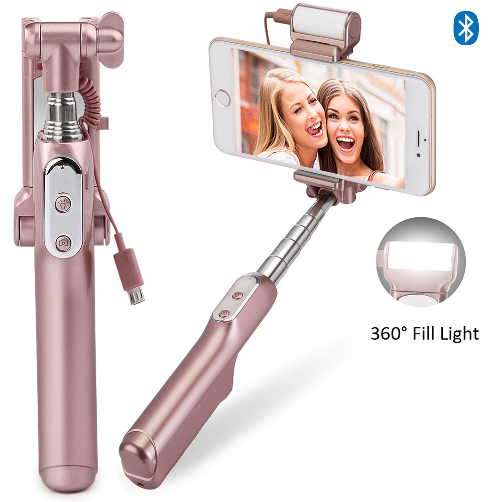 Bluetooth Selfie Stick with 360¡ã LED Fill Light and Rearview Mirror - Rose Gold Color-3