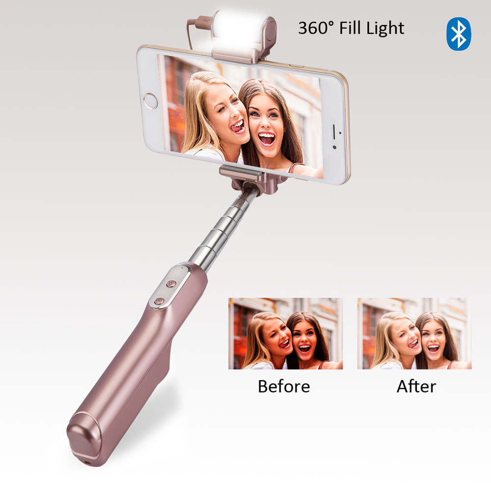 Bluetooth Selfie Stick with 360¡ã LED Fill Light and Rearview Mirror - Rose Gold Color-4