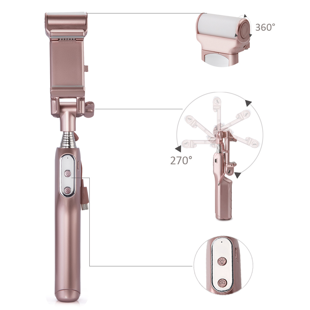 Bluetooth Selfie Stick with 360¡ã LED Fill Light and Rearview Mirror - Rose Gold Color-7
