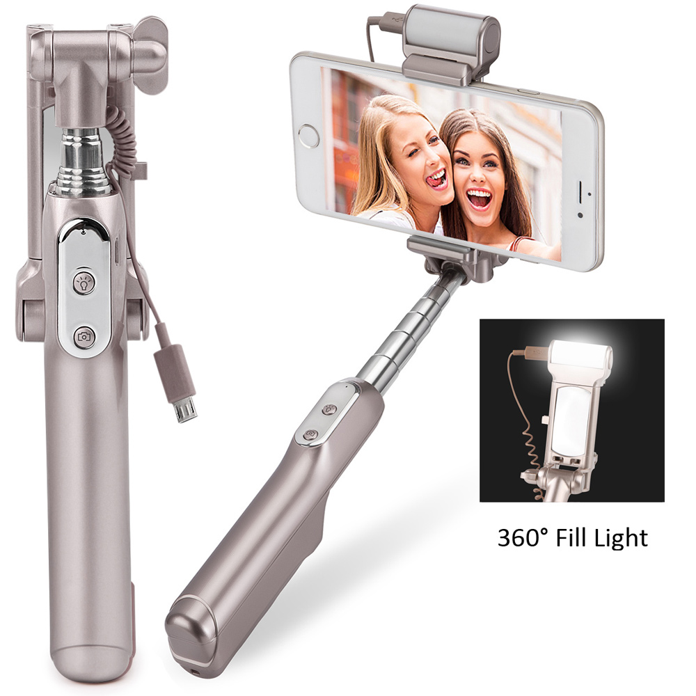 Bluetooth Selfie Monopod with 360° LED Fill Light and Rearview Mirror - Champagne Gold-1