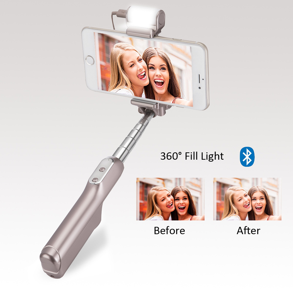 Bluetooth Selfie Monopod with 360° LED Fill Light and Rearview Mirror - Champagne Gold-10