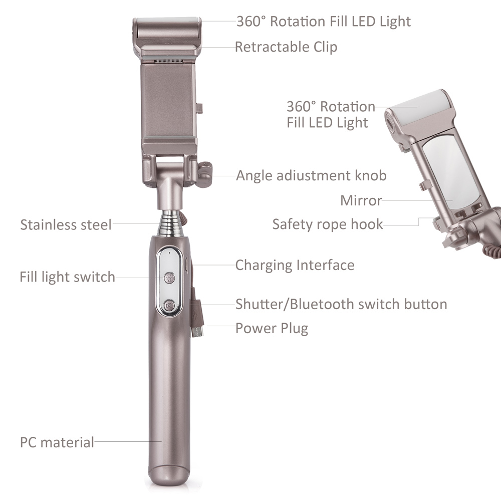 Bluetooth Selfie Monopod with 360° LED Fill Light and Rearview Mirror - Champagne Gold-11