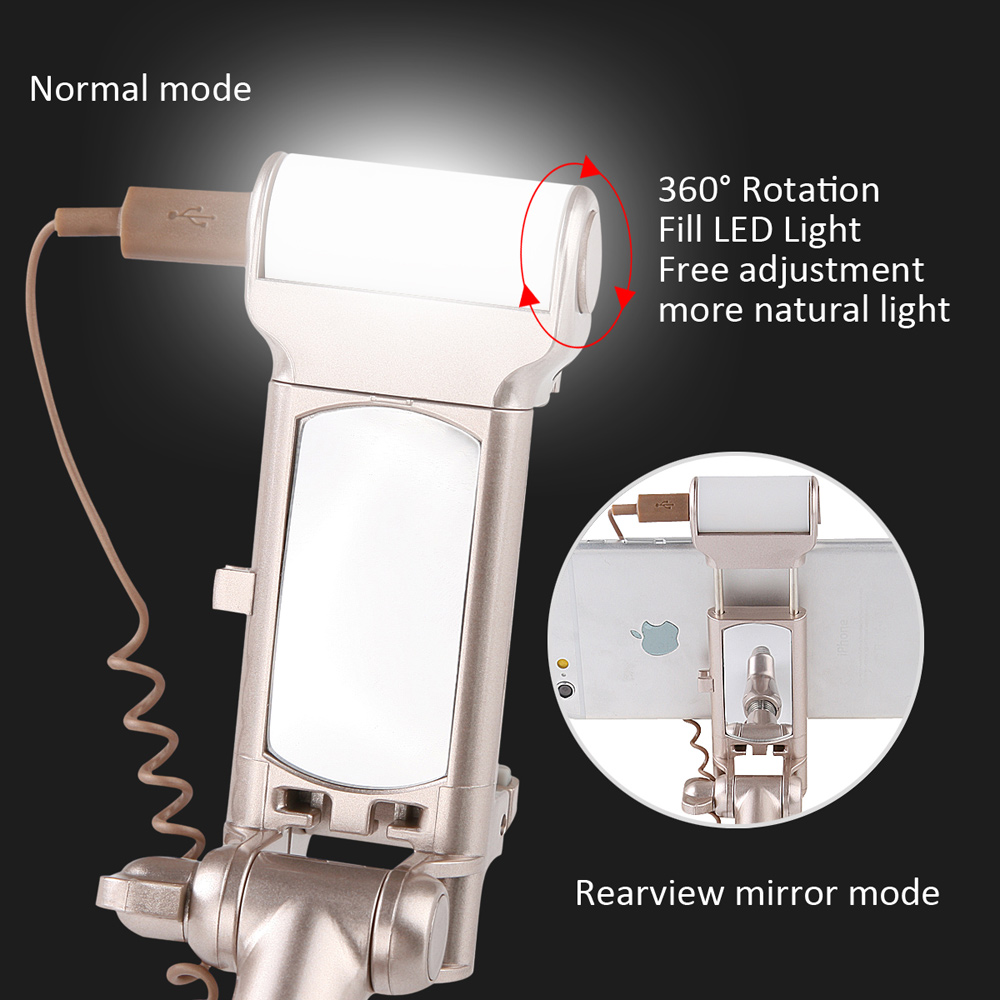 Bluetooth Selfie Monopod with 360° LED Fill Light and Rearview Mirror - Champagne Gold-13