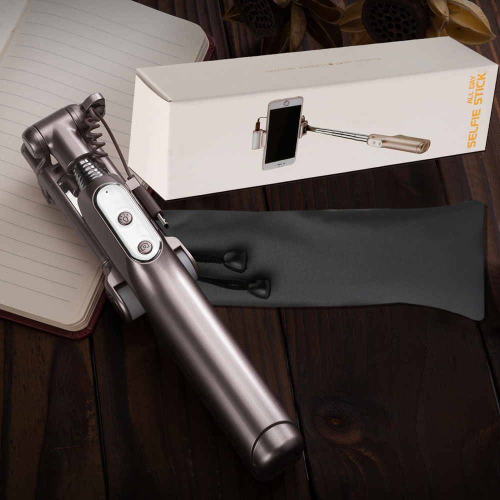 Bluetooth Selfie Monopod with 360° LED Fill Light and Rearview Mirror - Champagne Gold-14