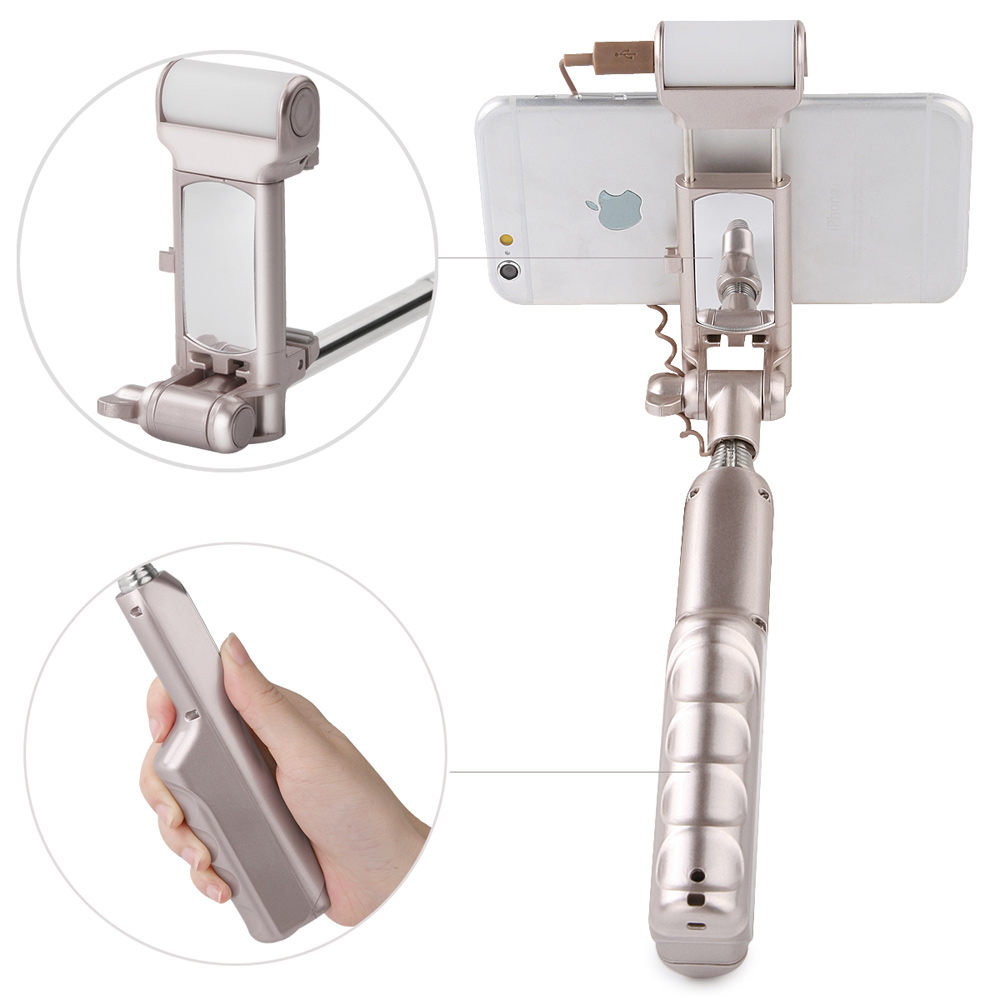 Bluetooth Selfie Monopod with 360° LED Fill Light and Rearview Mirror - Champagne Gold-2