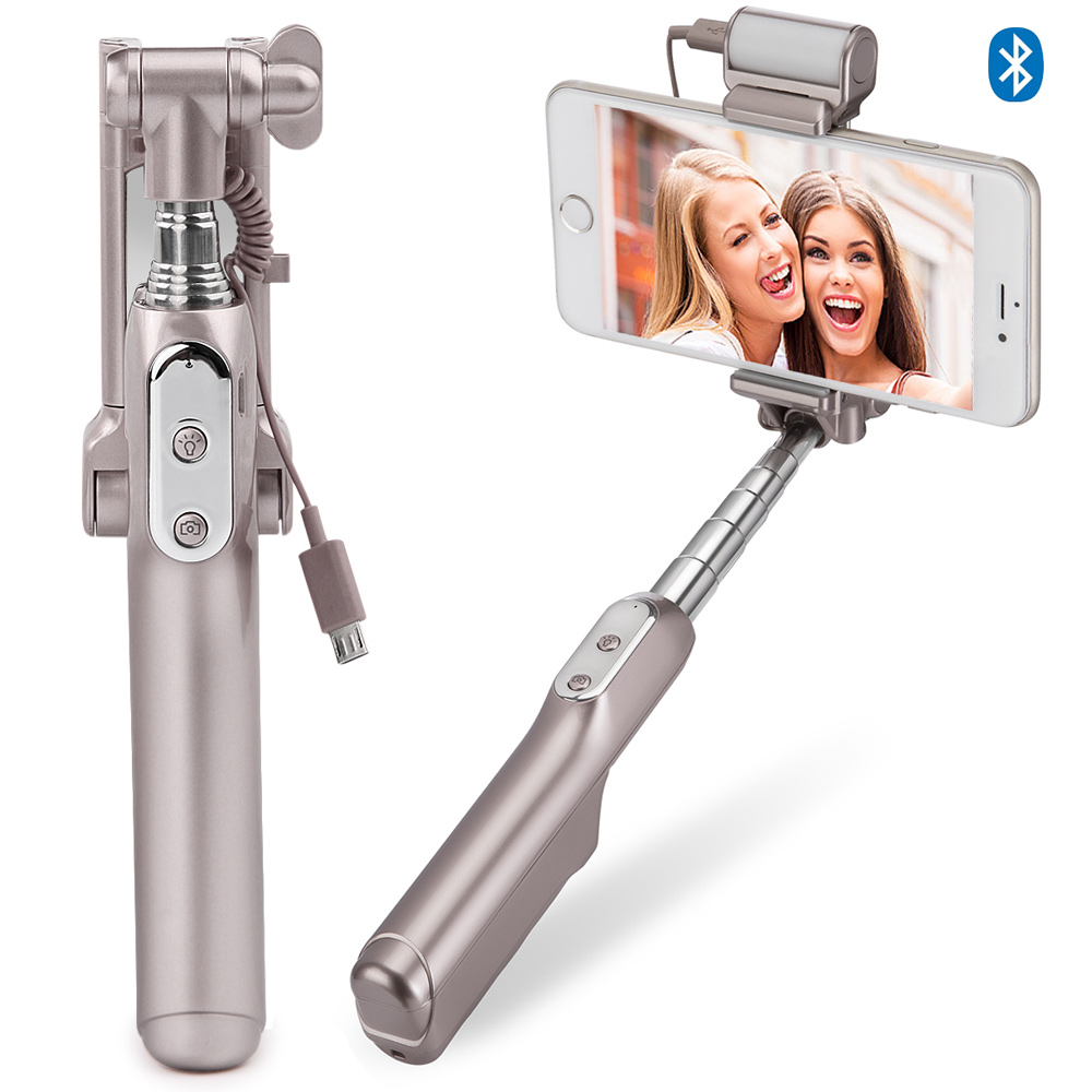 Bluetooth Selfie Monopod with 360° LED Fill Light and Rearview Mirror - Champagne Gold-3