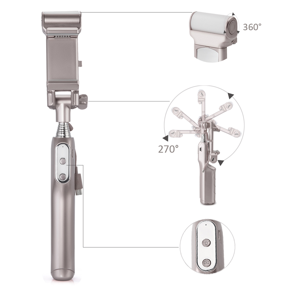 Bluetooth Selfie Monopod with 360° LED Fill Light and Rearview Mirror - Champagne Gold-4