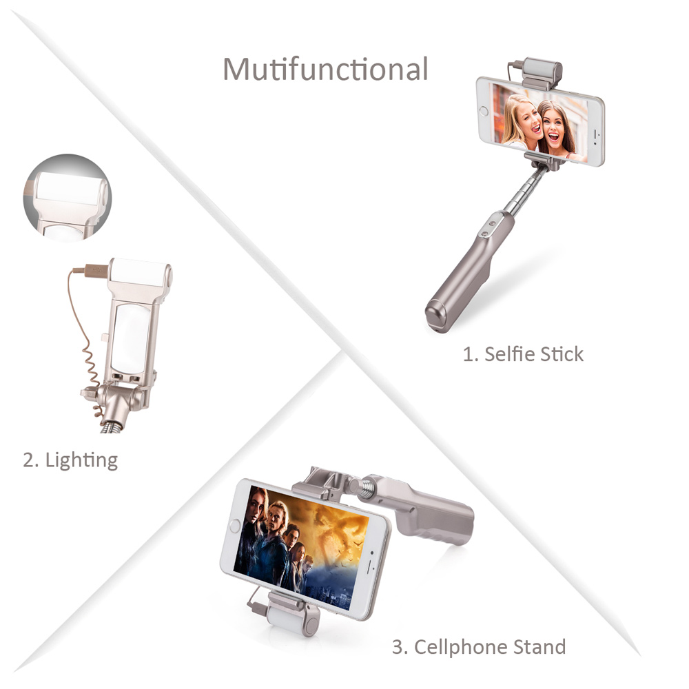 Bluetooth Selfie Monopod with 360° LED Fill Light and Rearview Mirror - Champagne Gold-7